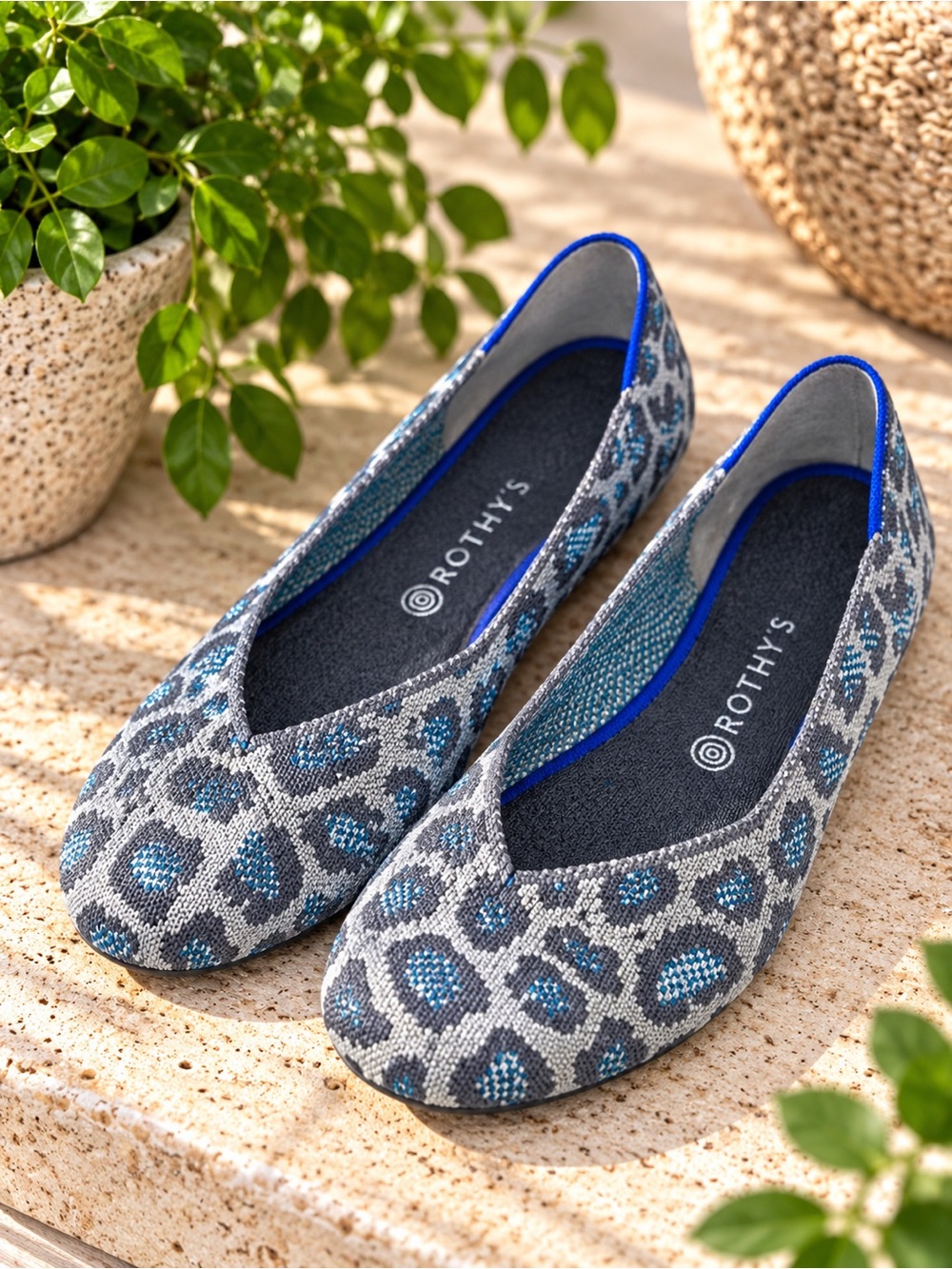 Rothy’s The Flat Gray Blue Leopard Knit Ballet Flats Size 6.5